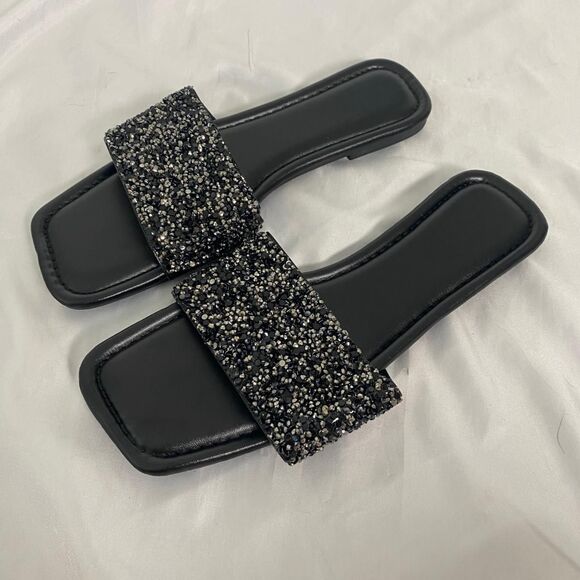 Black Silver Glam Sparkle Rhinestone Embellished Slide Sandals EU 42 / US 11.5 - Picture 2 of 8